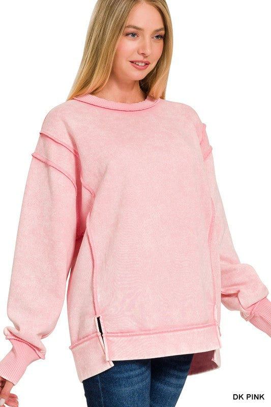 Pink Acid Wash Fleece Sweatshirt