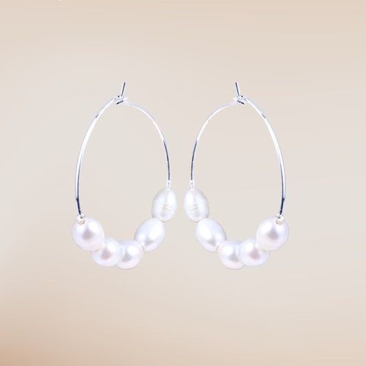 5-Pearl Hoop Earrings- Silver/White