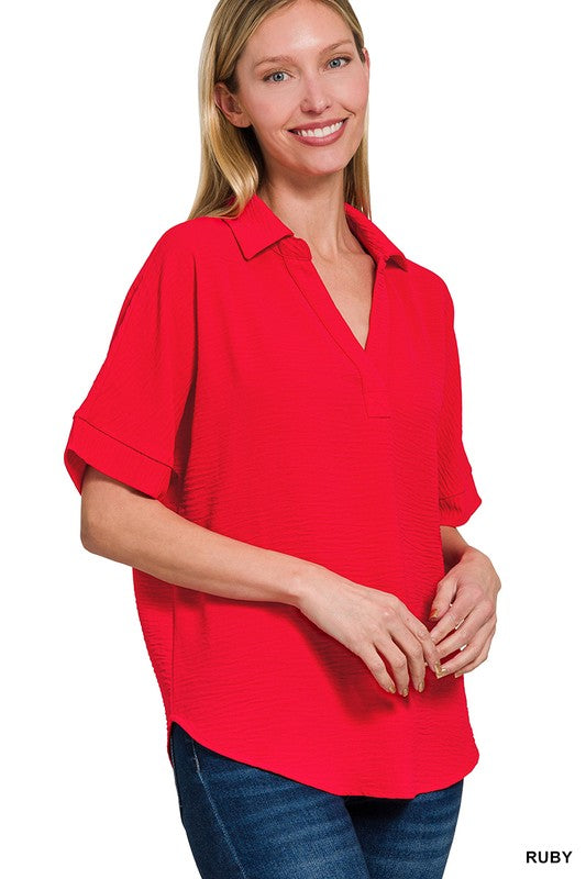 Airflow Collard V-Neck Top - Ruby