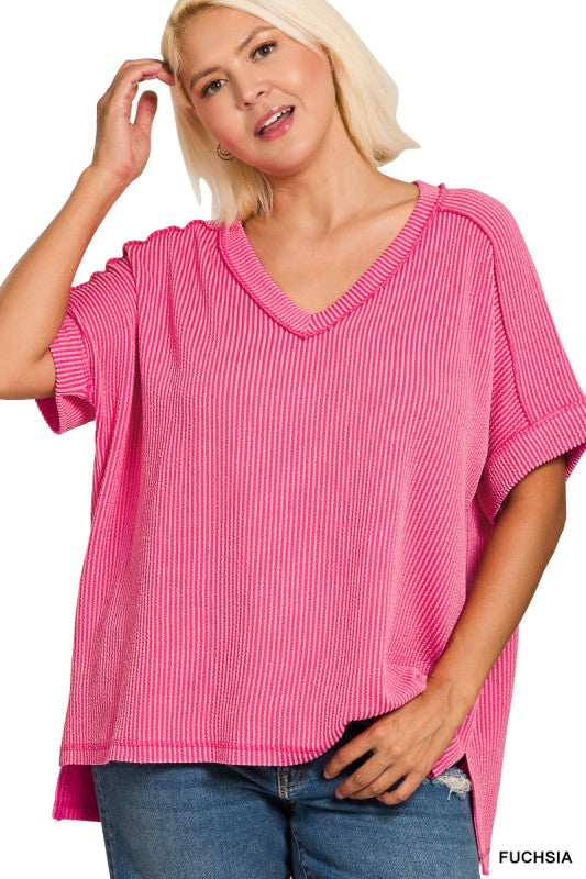 Fuchsia Raised Rib Short Sleeve V-Neck Top +