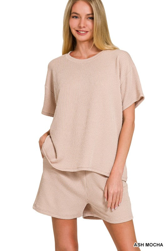 Rib Short Sleeve & Short Set - Ash Mocha