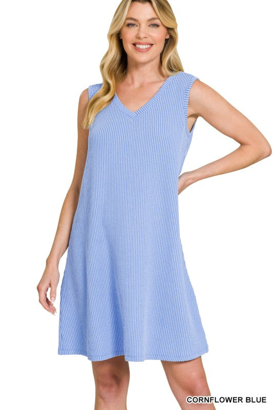 Raised Rib Sleeveless Mini Dress - Cornflower Blue