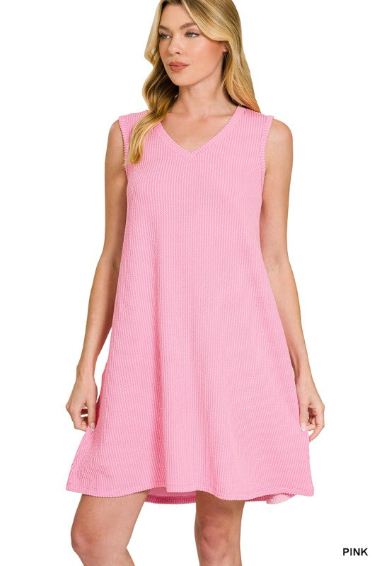 Raised Rib Sleeveless Mini Dress - Pink