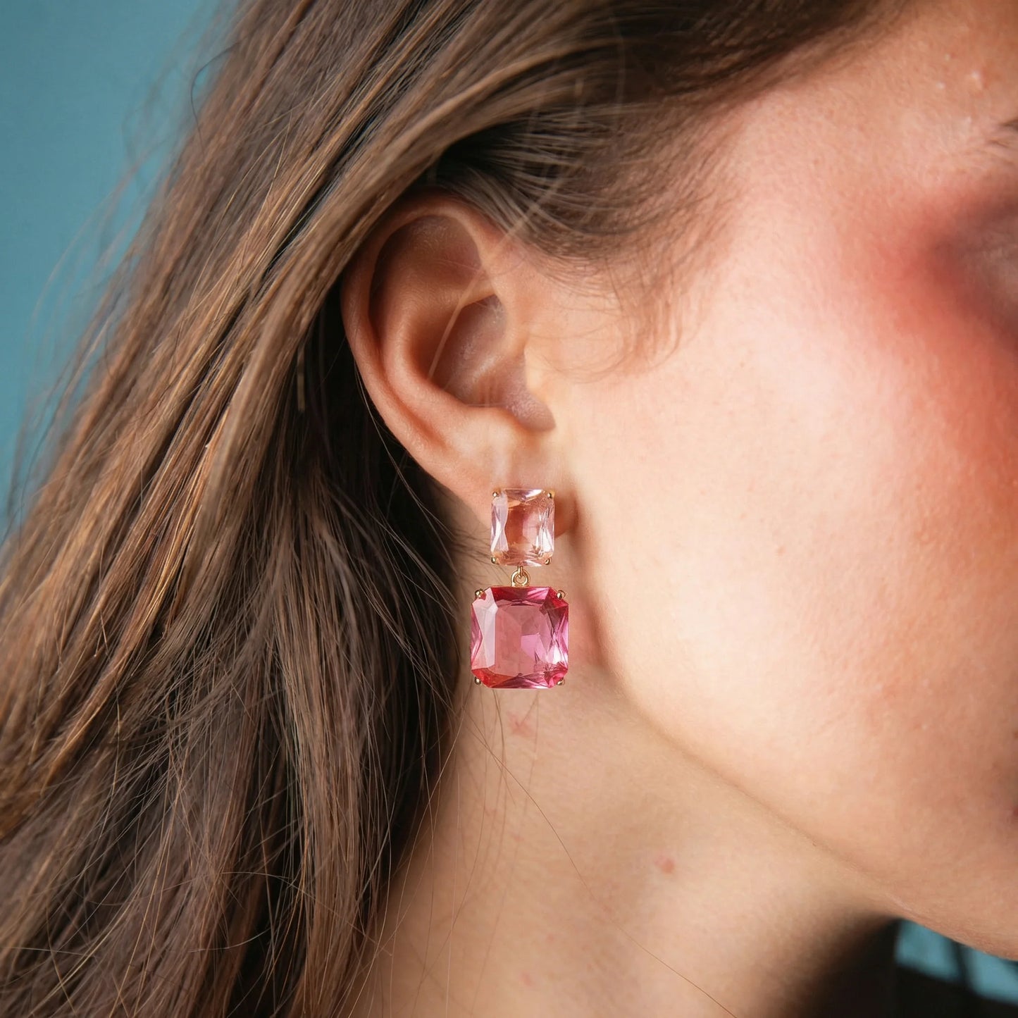 Pink Crystal Square Earrings