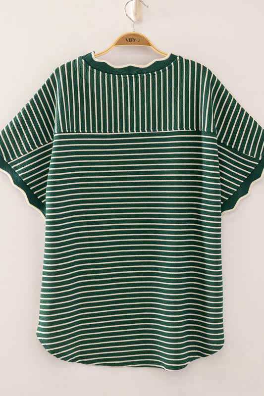 Oversized Stripe Casual Knit Top - KELLY GREEN + CREAM