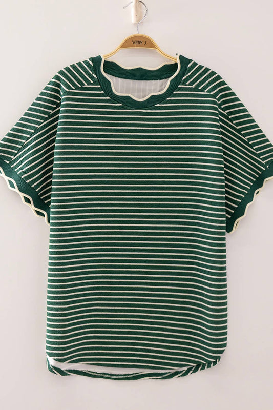 Oversized Stripe Casual Knit Top - KELLY GREEN + CREAM