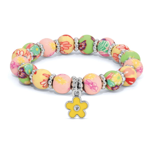 Kids Clay Beaded Stretch Charm Bracelets  |  Pastel Floral + Yellow Flower Charm