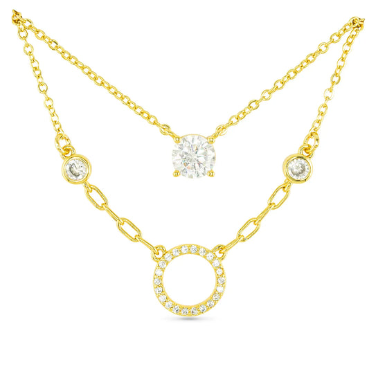 Gold CZ Dual Solitaire & Circle Necklace
