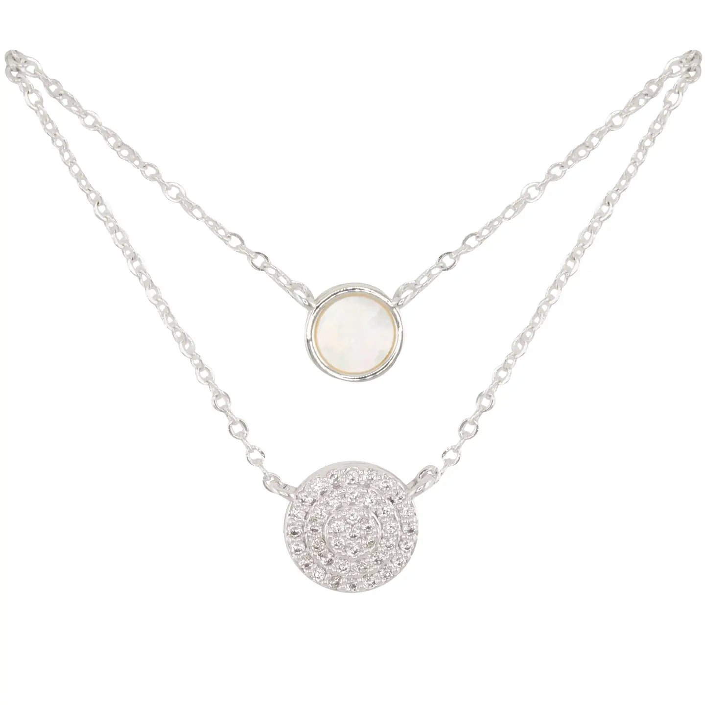 Silver CZ & MOP Dual Circle Necklace
