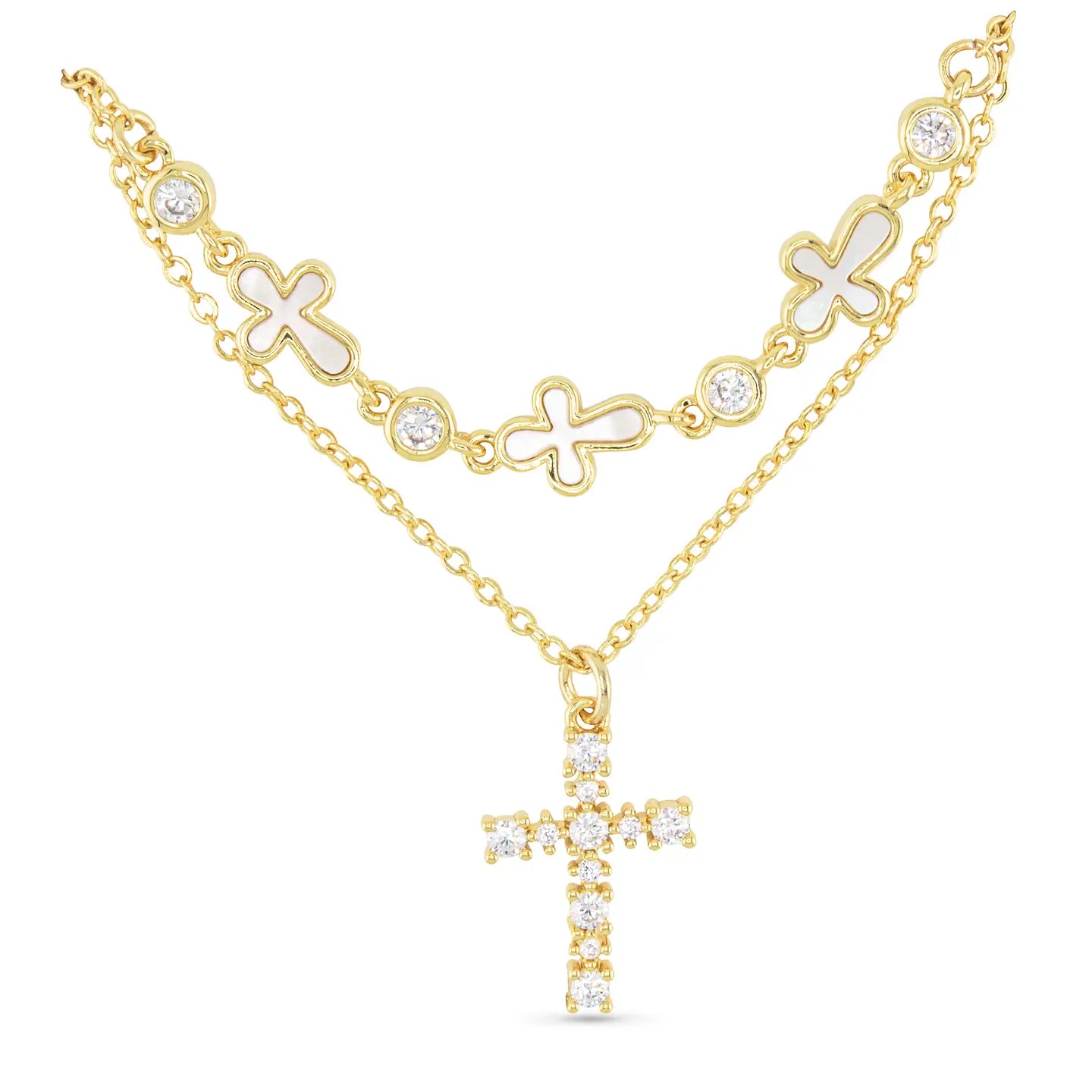 Gold CZ & MOP Dual Crosses Necklace