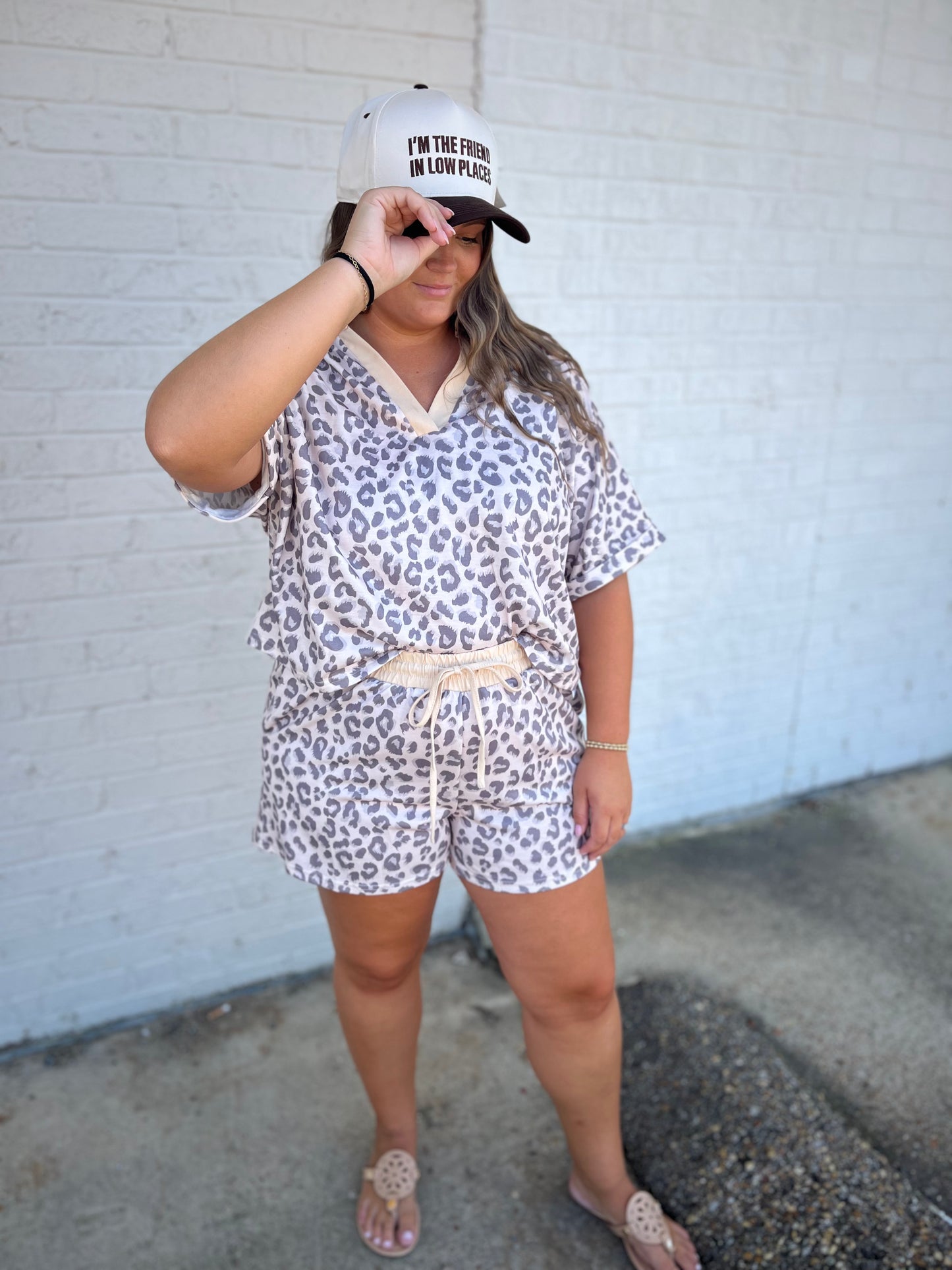 Leopard Printed V Neck Collar Short Set - Khaki