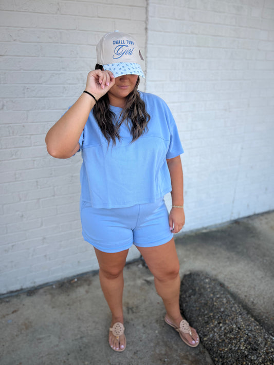 Textured Patchwork Short Set - Sky Blue