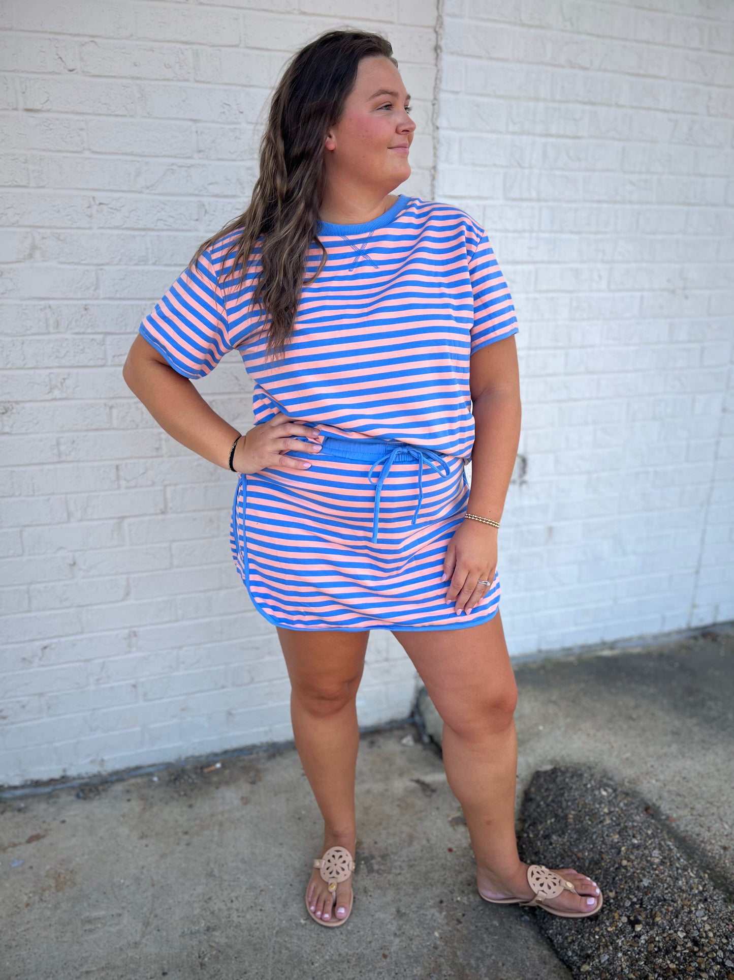 Stripe Short Sleeve Top and Skort Set - Blue Stripe / Missy