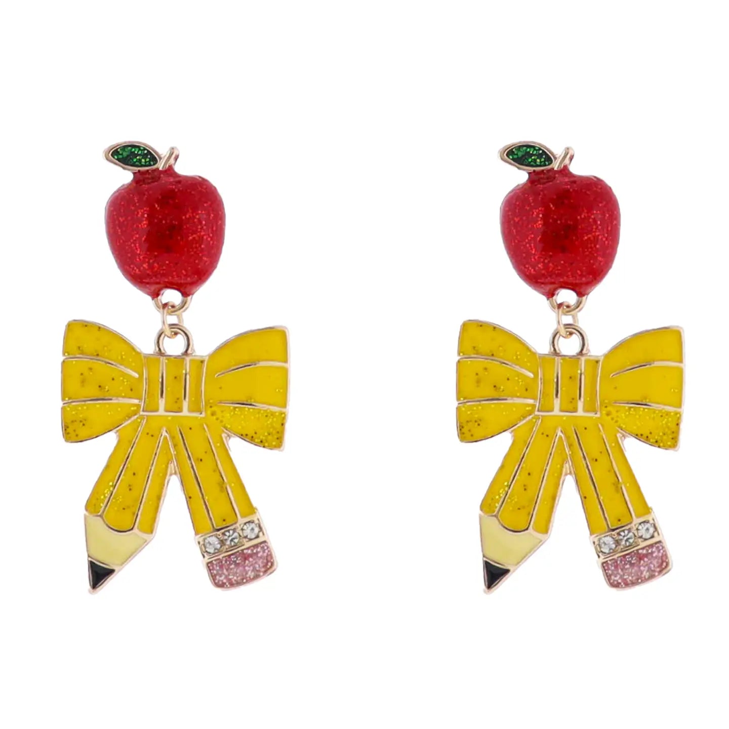 Yellow Pencil Bow W/ Apple Post Earrings