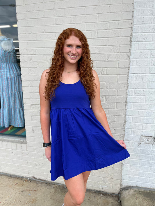 Knit & Woven Dress W/ Pockets - Bright Blue