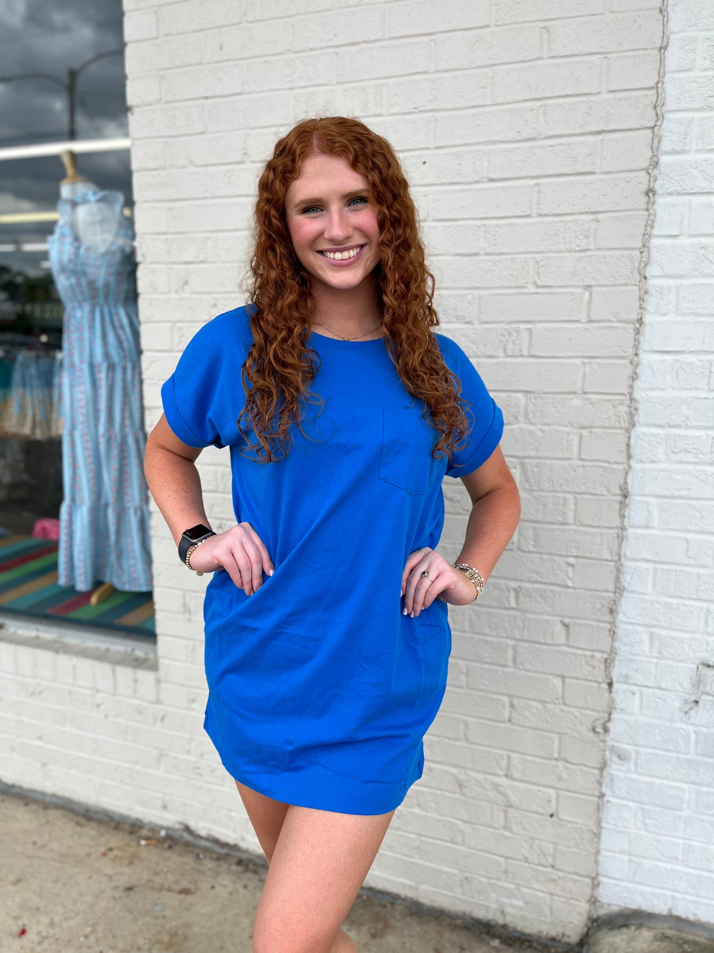 Cotton T-Shirt Dress W/ Pockets - Ocean Blue