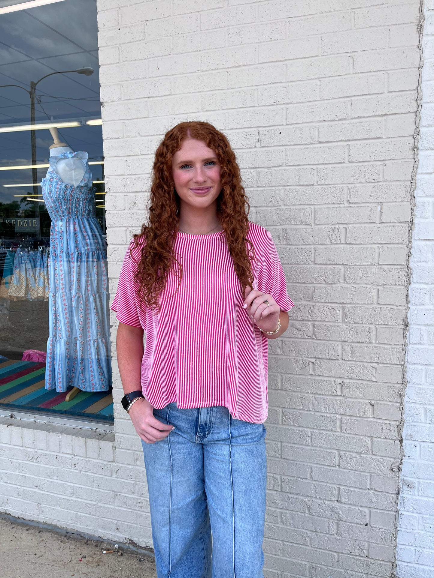 Ribbed Stripe Oversized Short Sleeve Top - Hot Pink