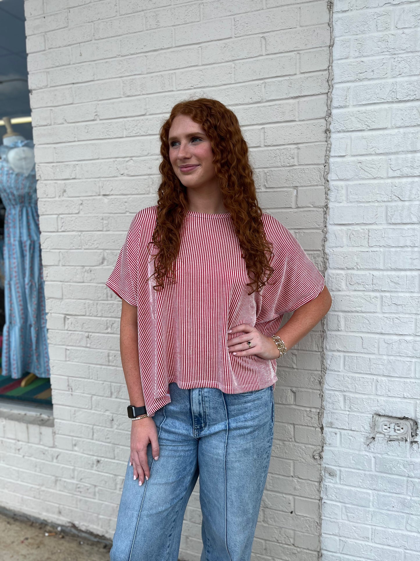 Ribbed Stripe Oversized Short Sleeve Top - Ruby