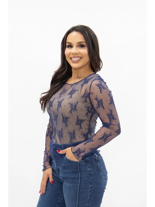 Long Sleeve Lace Top - Navy