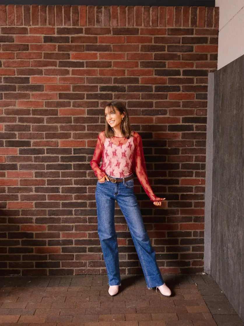 Long Sleeve Lace Top - Red