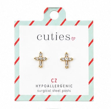 Gold Delicate CZ Cross Earrings