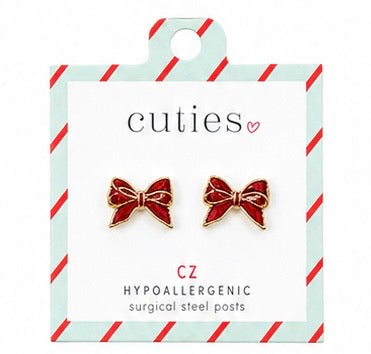Gold Red Glitter Bow Earrings