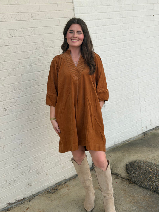 Camel Corduroy V-Neck Puff Sleeve Dress