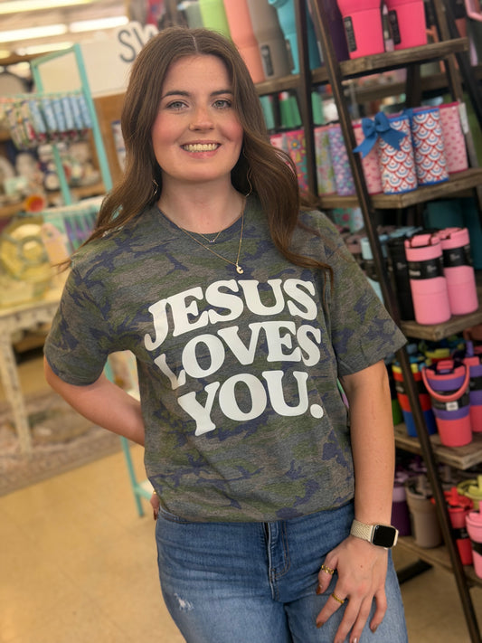 JESUS LOVES YOU VINTAGE CAMO TEE