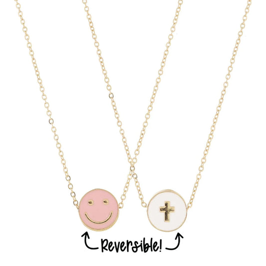 Kids Reversible Pink Happy Face & White Cross Disc Necklace