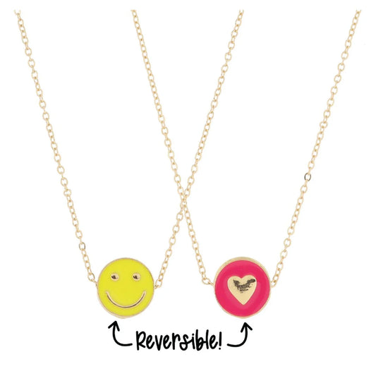 Kids Reversible Yellow Happy Face & Hot Pink Heart Necklace