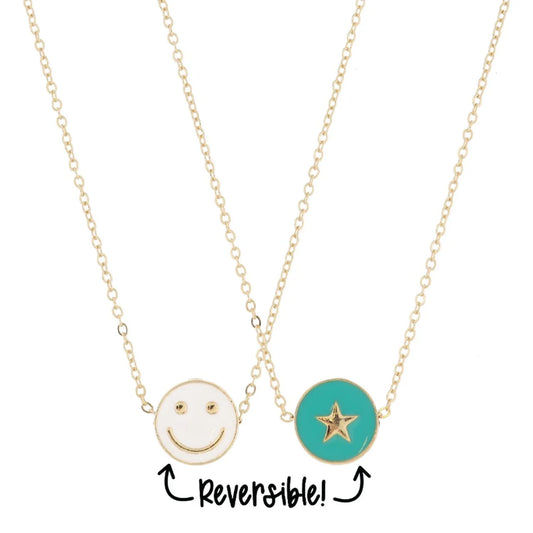 Kids Reversible White Happy Face & Teal Star Necklace