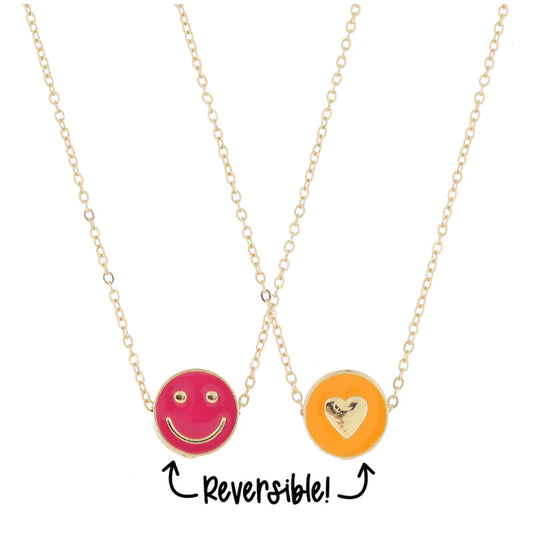 Kids Reversible Hot Pink Happy Face & Orange Heart Necklace