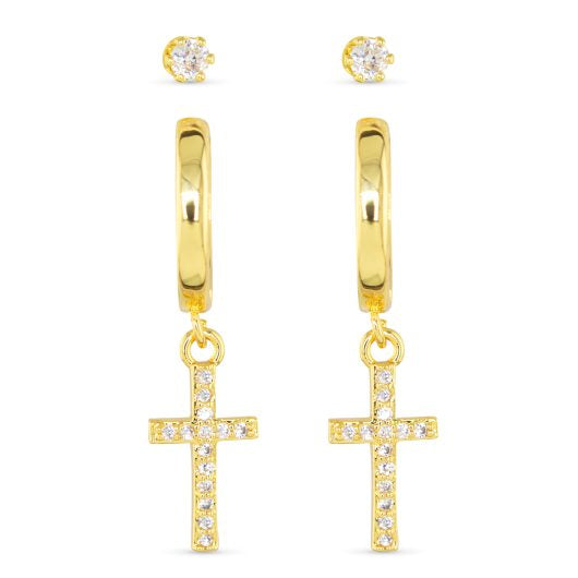 Gold Cross & Stud Duo Earrings