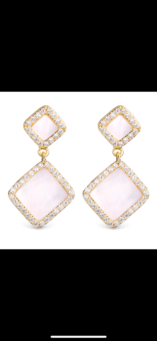 Gold Mother of Pearl and CZ Double Diamond Shaped Drop Earrings