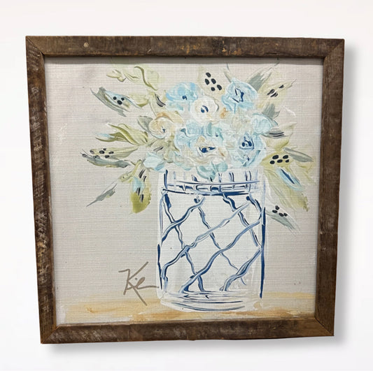 Blue Mason Jar Floral Vase Painting