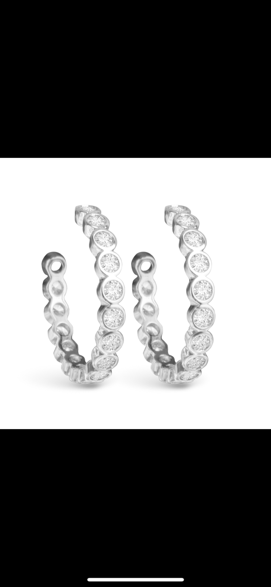 Silver Bezel CZ Hoop Earring