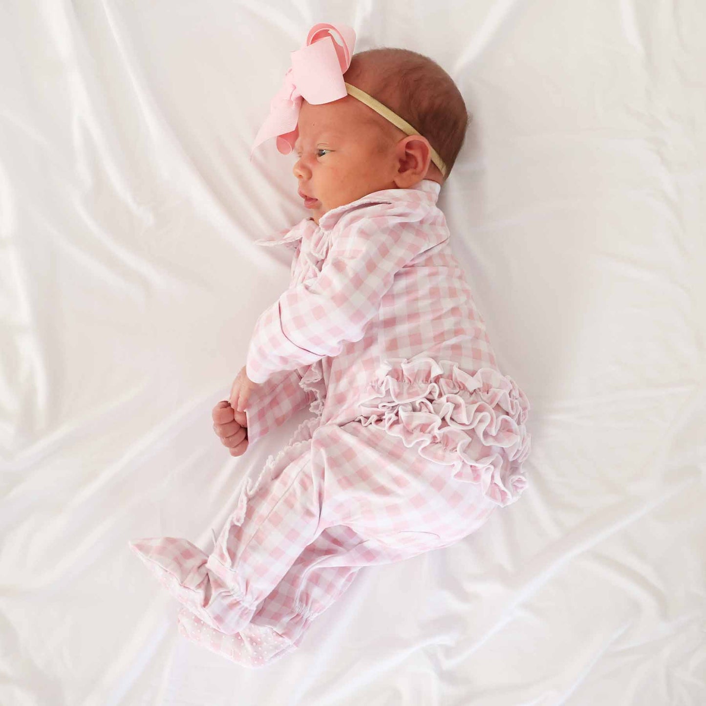 Rosey Gingham Peter Pan Collar Ruffle Zipper Footie