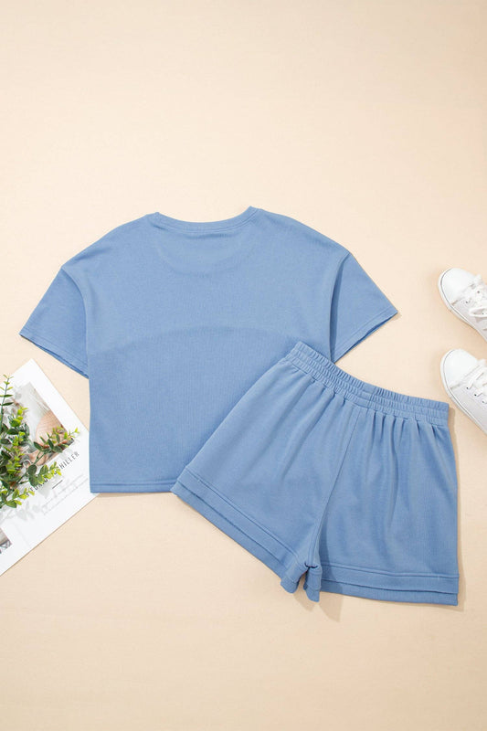 Textured Patchwork Short Set - Sky Blue