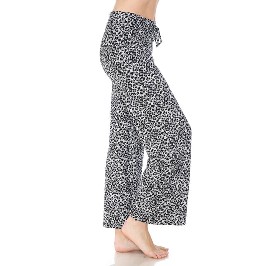 Grey & White Leopard Print Pajama Pants with Drawstring