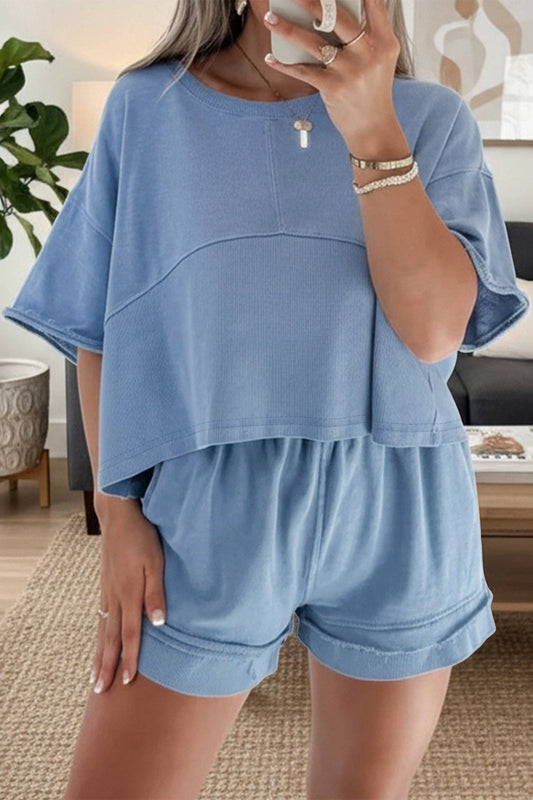Textured Patchwork Short Set - Sky Blue