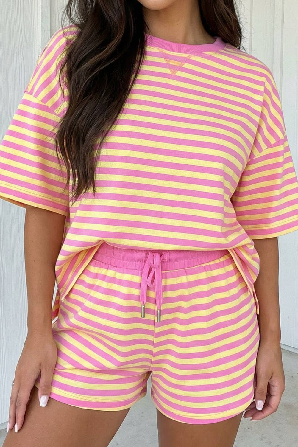 Stripe Contrast Trim Boxy Terry Short Set - Rose Stripe