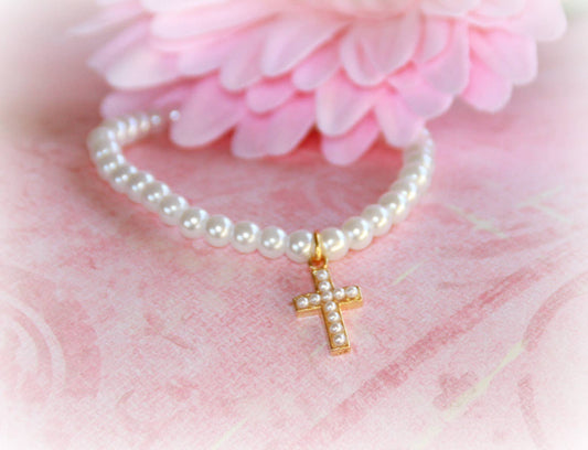 Girl Classic Gold Cross Pearl 6" Bracelet