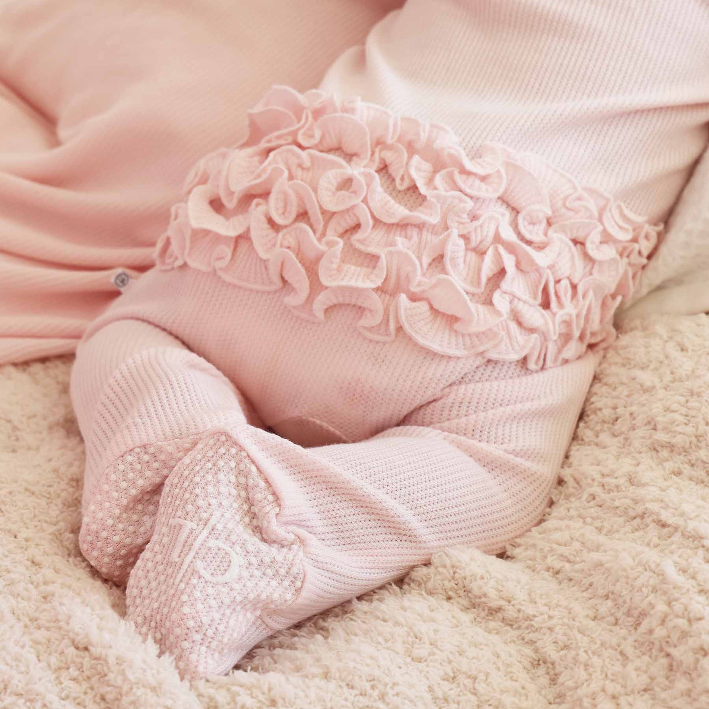 Pearl Pink Bamboo Waffle Zipper Ruffle Footie