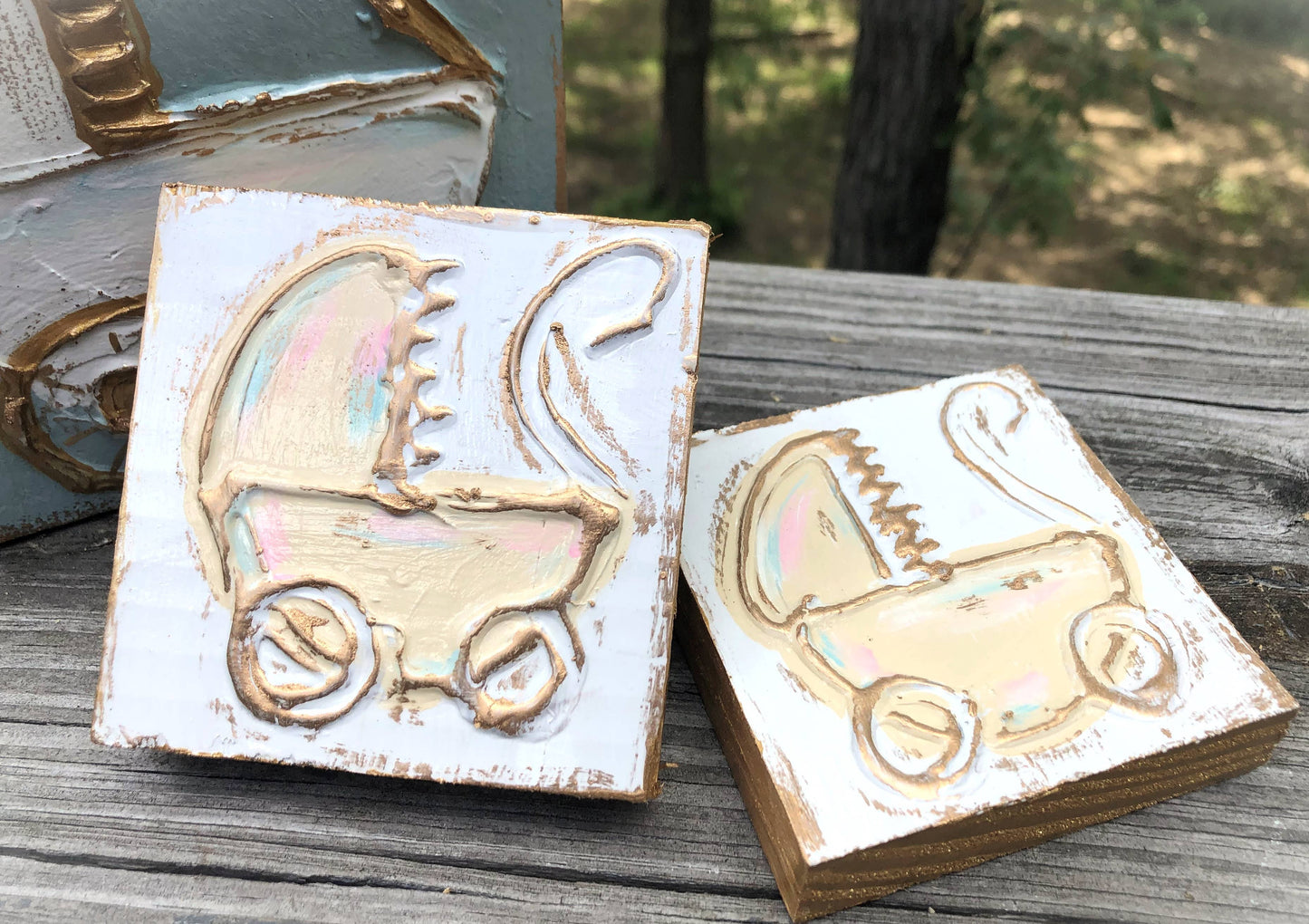 Baby Carriage handmade textured wood block - 6x6
