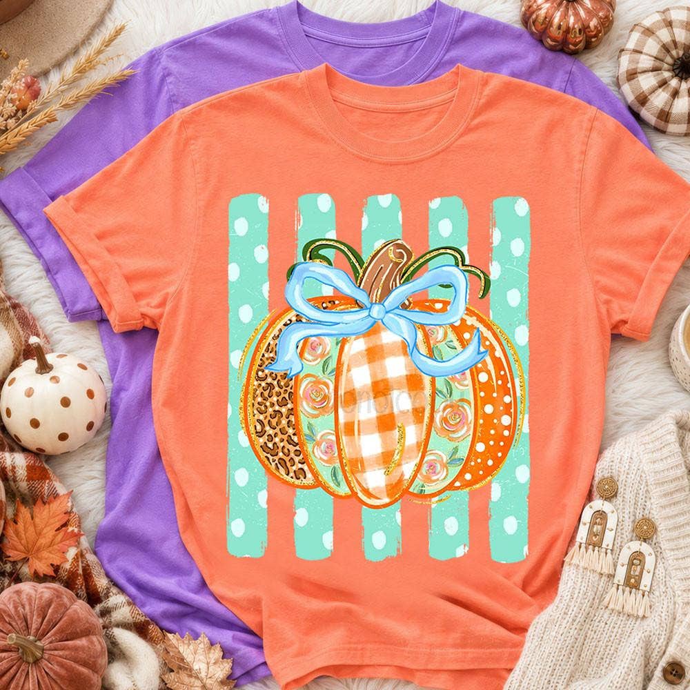 Adult - Pumpkin Bow Stripes Tee