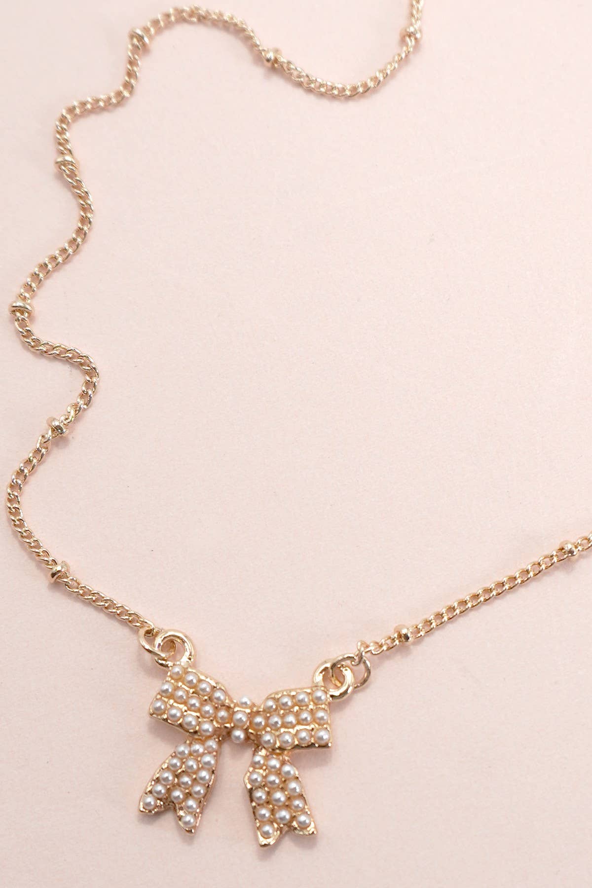 PEARL BOW CHARM BALL CHAIN NECKLACE | Gold