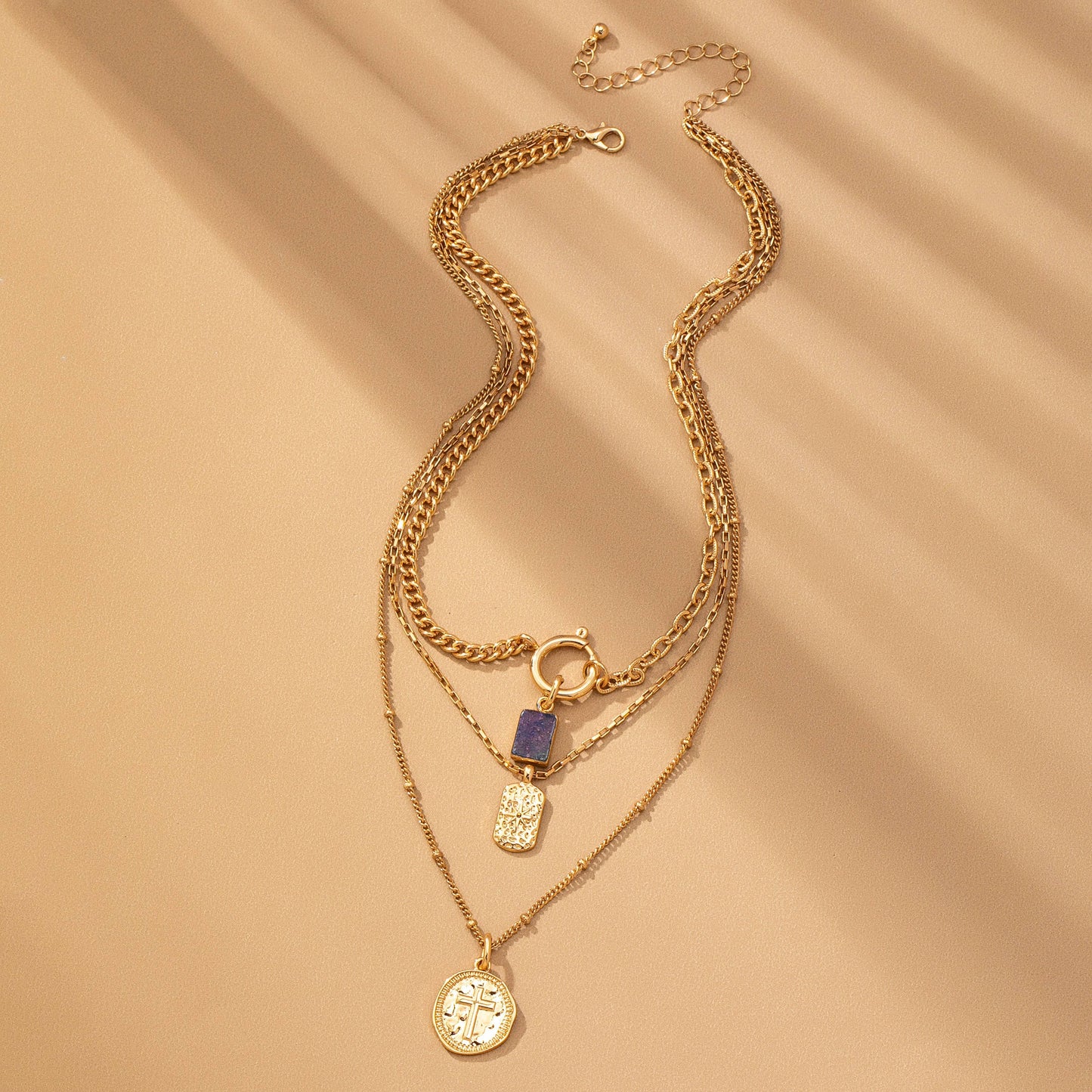 LAYER CELESTIAL CROSS BLUE STONE CHARM NECKLACE | GOLD