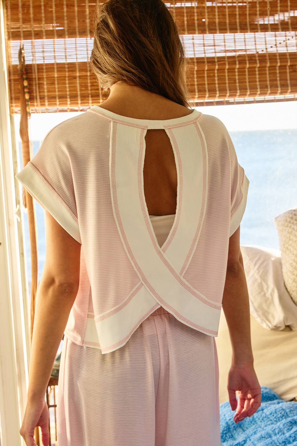 Open Back Stripe Crop Top - Pink