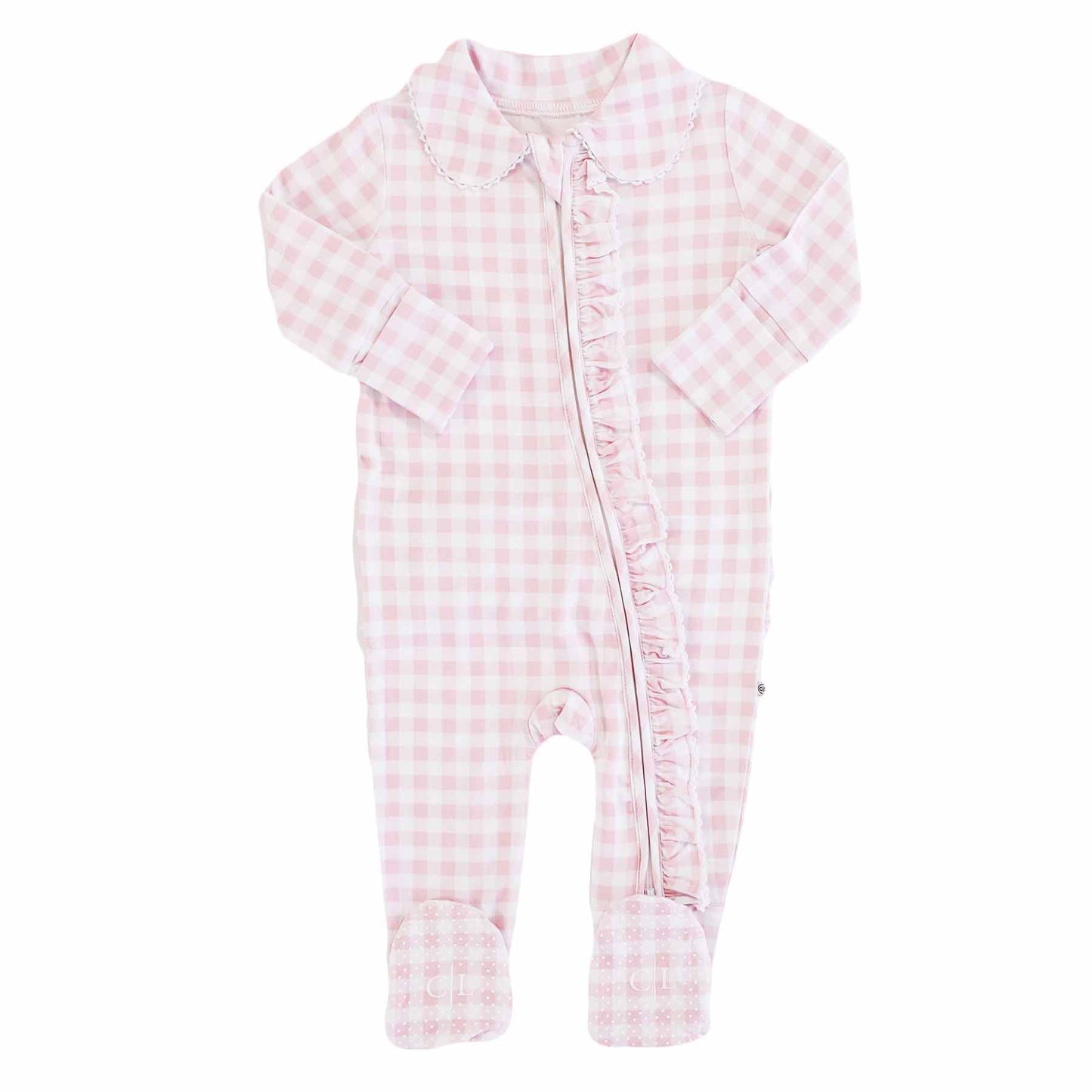 Rosey Gingham Peter Pan Collar Ruffle Zipper Footie