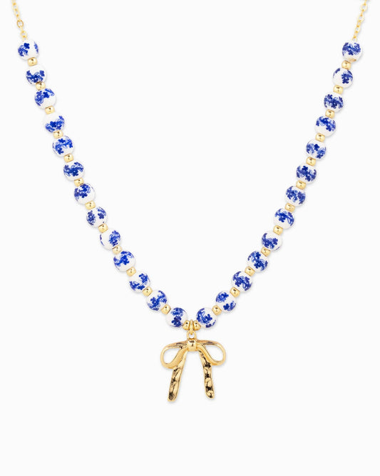 Blue Bead Bow Pendant Necklace